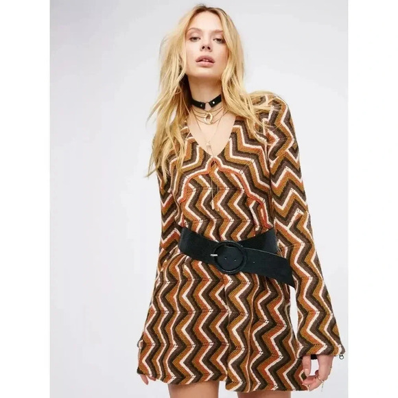 Free People Rhiannon Chevron Wool Blend Sweater Dress Neutral Combo Size S - Picture 1 of 11
